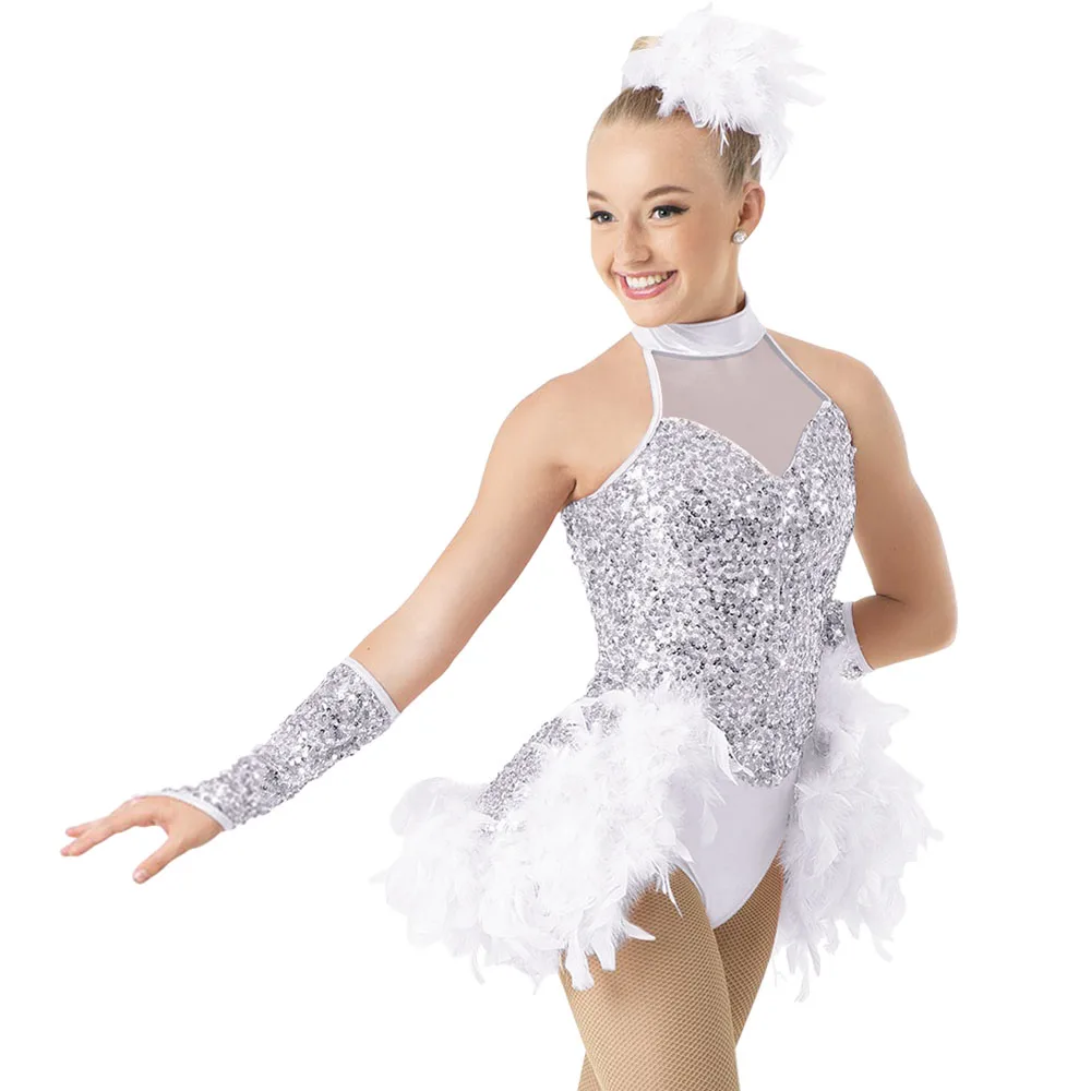 Feather Hem Dance Dress for Girl Women Sequins Ballroom Stage Costume Competition Performance Dynamic Dance Apparel Jazz Wear