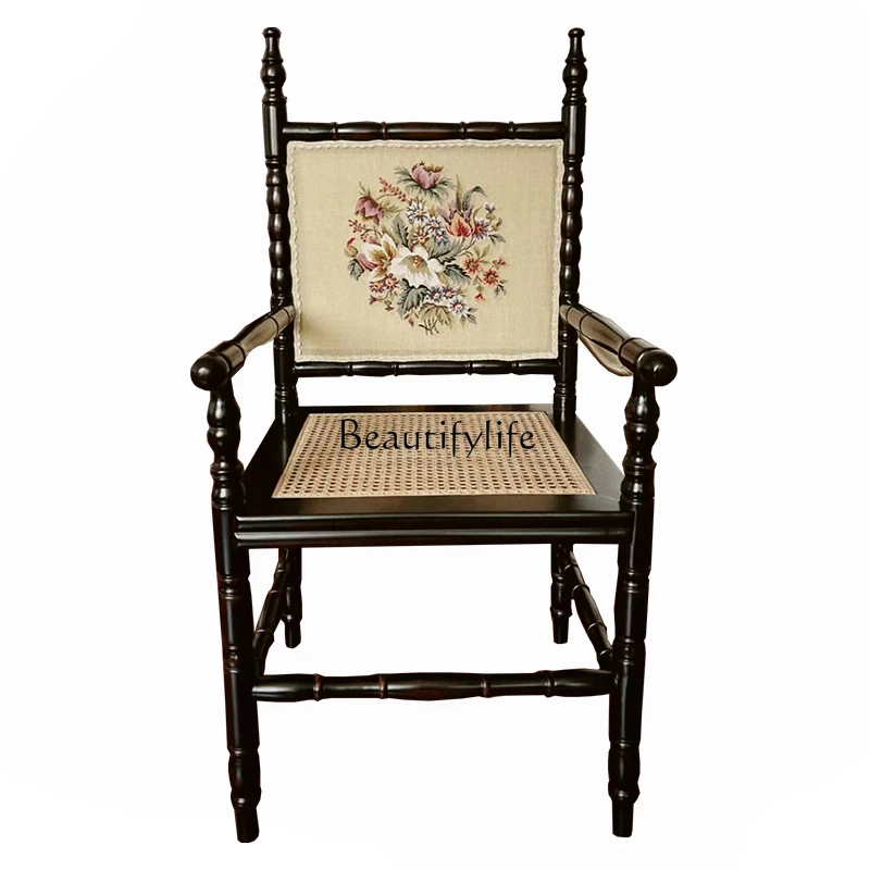 

*Retro French light luxury embroidery armrest chair handmade rattan solid wood famous national style book desk and chair