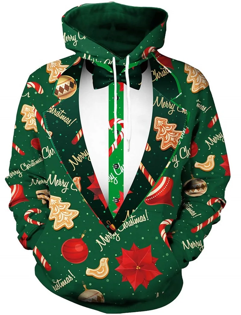 Mens Christmas Graphic Fake Suit Hoodies For Men Full Print Oversized Pullover Sweatshirts Clothes Santa Claus Sport Tracksuit