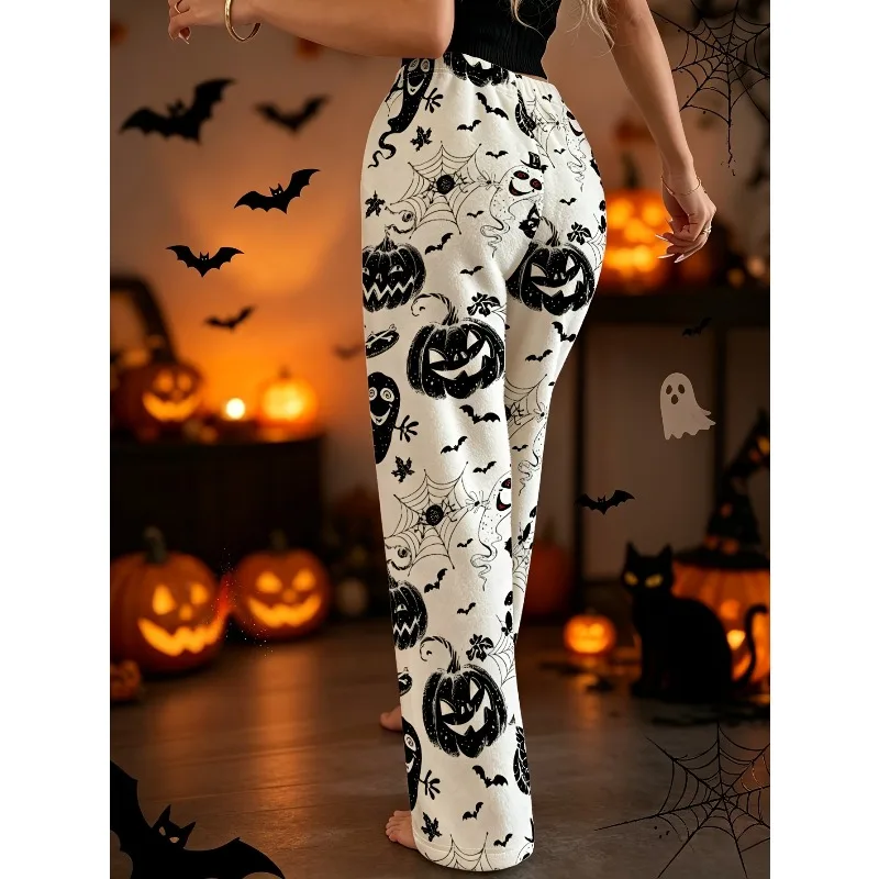 Wansheng Pumpkin Black Cat Ghost Printed Milk Silk Material Soft and Casual Wide Leg Sleeper Pants