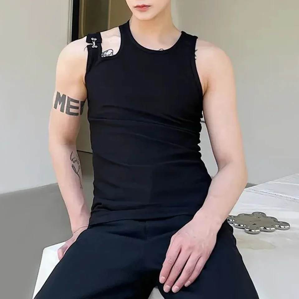 Mens Casual Hollow Tight Shoulder Strap Design Vest  New Genderless Streetwear Trendy Nightclub Shaping Sexy Top Unisex