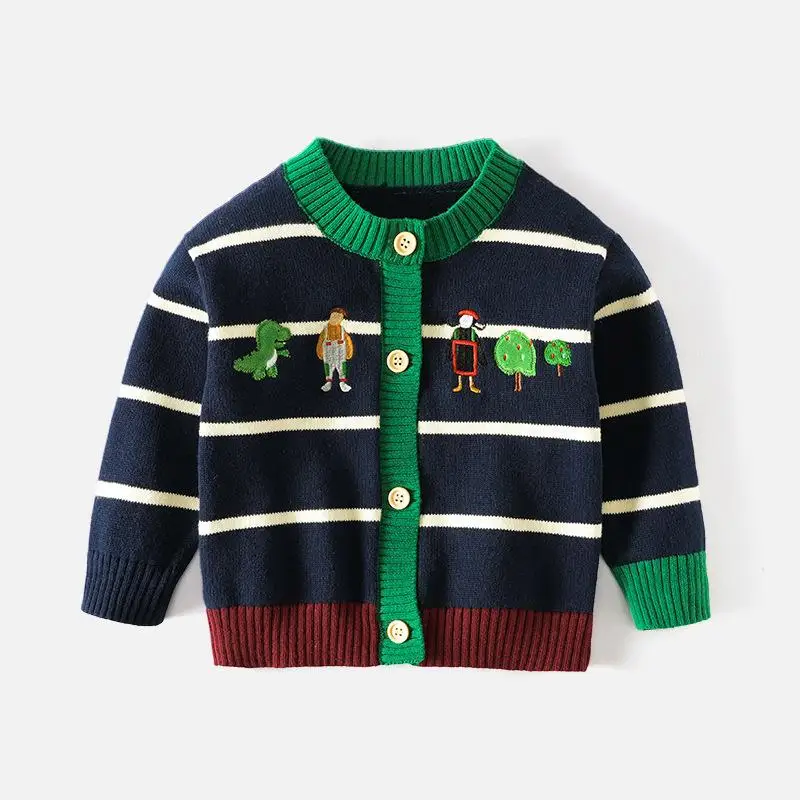 2024 Boys Striped Knitted Sweater Autumn Children Korean Knitting Cardigan Cartoon Embroidered Round Neck Sweaters Thin Coat