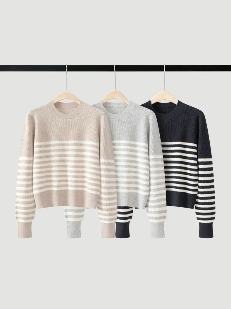 2026Fall/Winter Women's Color-Block Striped Wool Crew-Neck Pullover