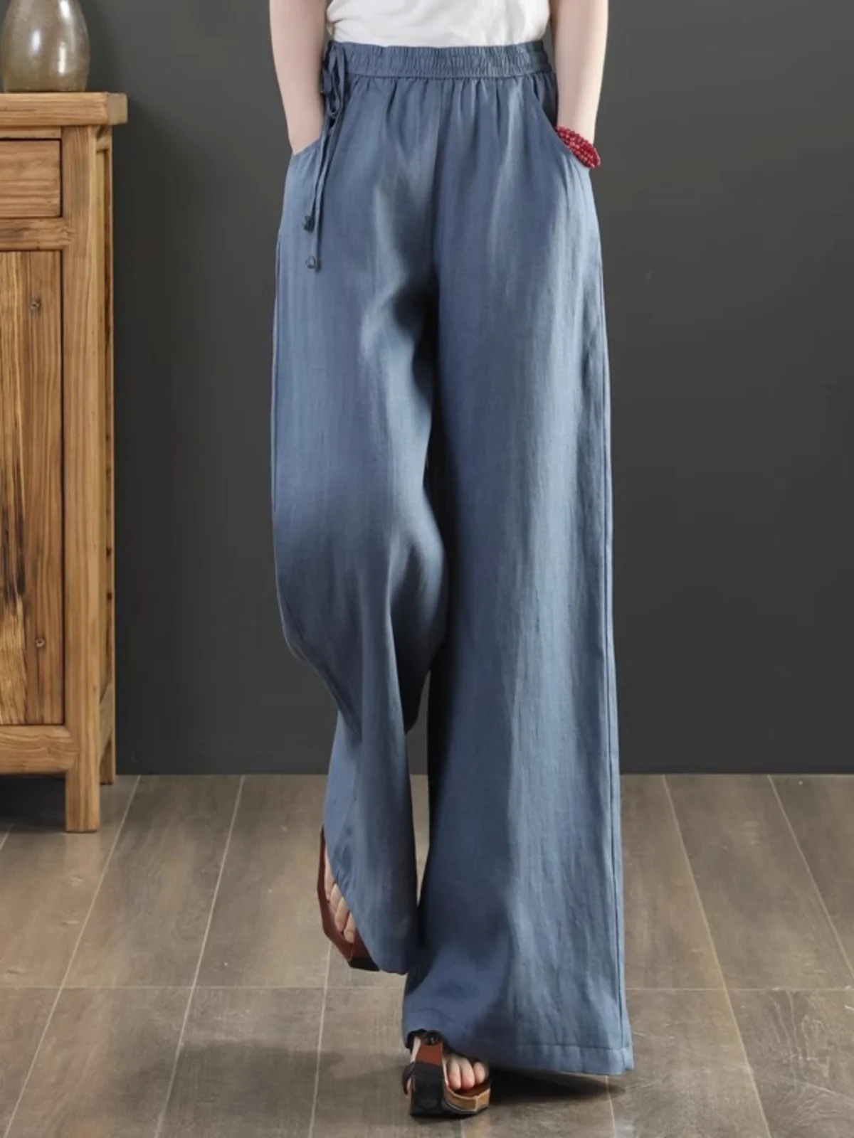 ارتفاع الخصر فضفاض مستقيم الساق عادية بنطال ذو قصة أرجل واسعة المرأة الرجعية القطن الكتان السراويل الطويلة اللحوم إخفاء السراويل تنوعا #3