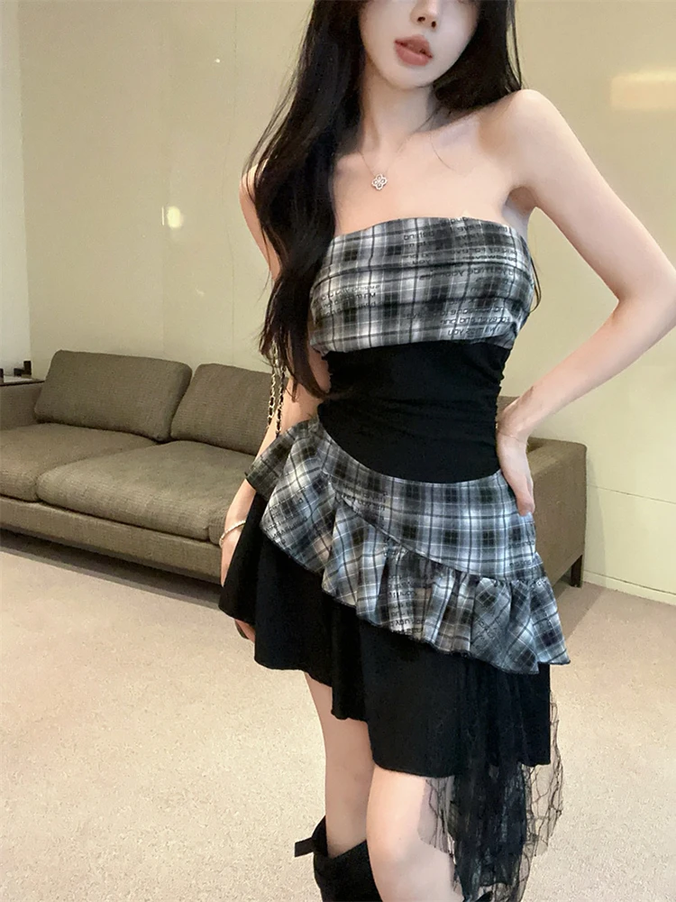 

Lace Ruffles Women Strapless Dress Plaid Irregular Patchwork Vintage Hotsweet Mini Dress Sleeveless Off Shoulder Female Dress