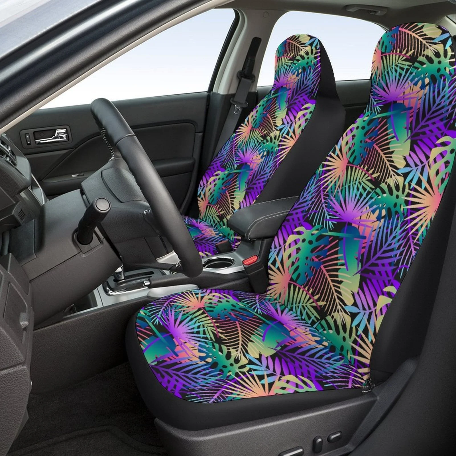 

2pcs Plant Leaf Colorful Print Breathable Non-Slip Car Seat Covers For Front Seats