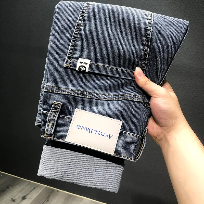 

Высококачественные мягкие эластичные мужские джинсы в Корейском стиле, облегающие осенне-зимние новые трендовые повседневные брюки, универсальные, удобные, молодежные