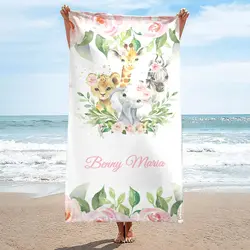 Custom Name Beach Towel for Kids Teen Gift Personalized Cartoon Animal Bath Towel for Sport Traveling Swimming Camping Hiking
