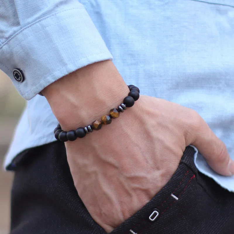 8mm Men's Natural Stone Bracelet with Black Onyx, Irregular Tiger Eye, Sodalite - Healing Energy Beads