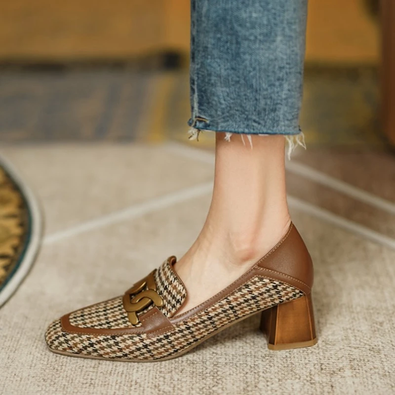 HOT SALES Women Loafers Square Toe Chunky Heel Shoes for Women Spring Women Shoes Lattice Women Pumps Cow Leather Handmade Shoes