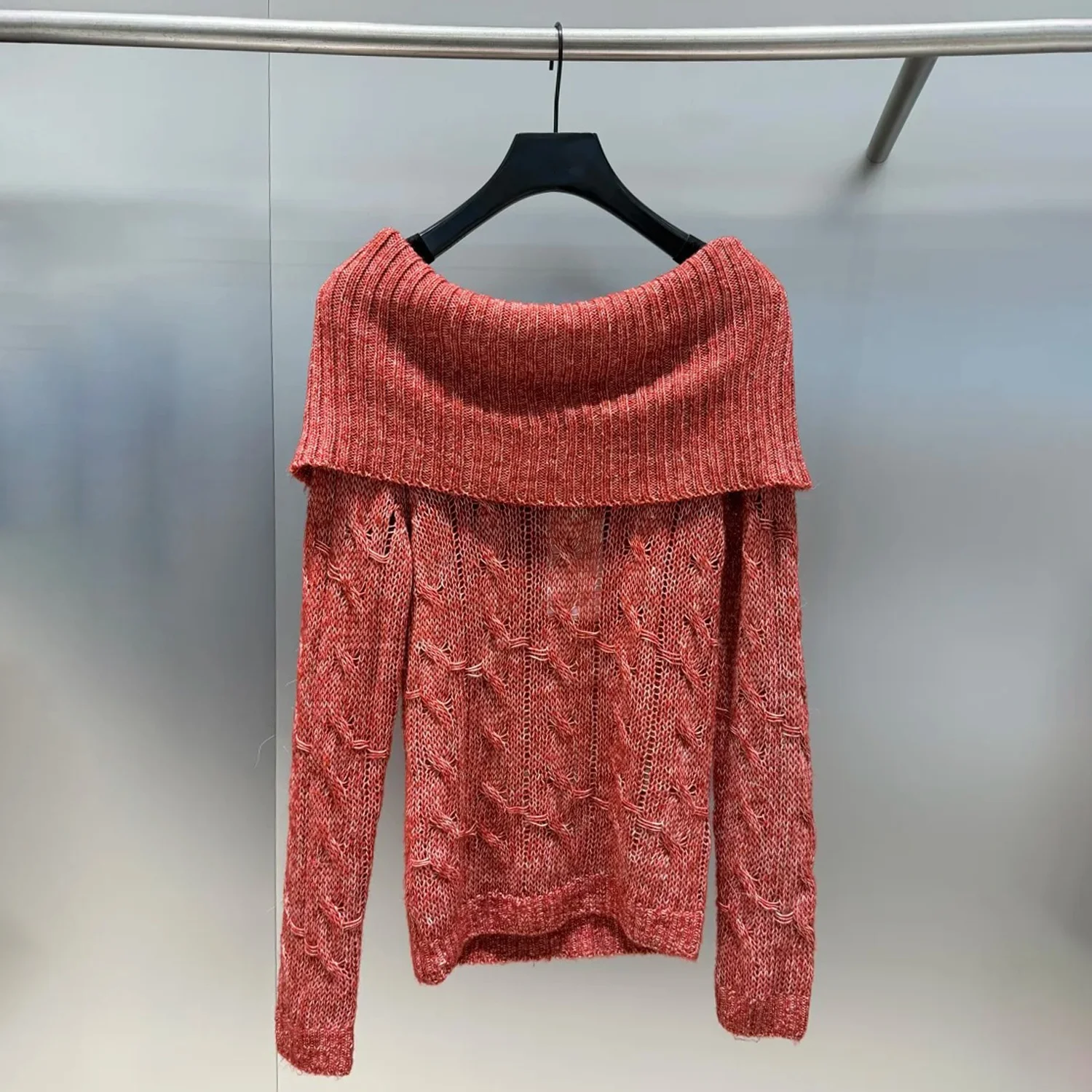 

Red Big Collar Sweater One oulder Exposure Spring New Arrival Women's High-End Faion Commute Sle Knitted Long Sve Top