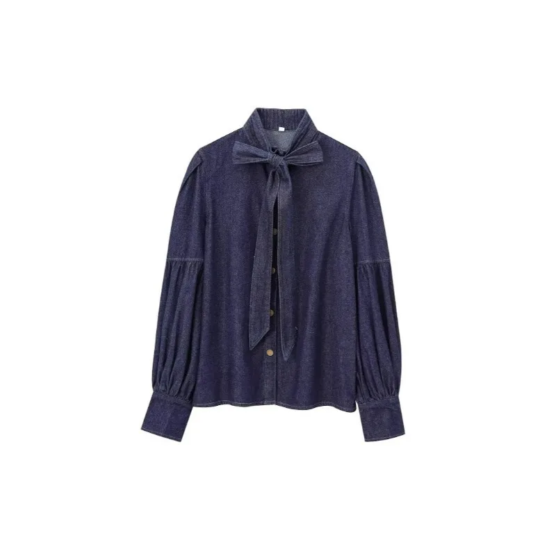 Cross Border European American Style Women's Clothing Wholesale New Lace Up Bow Denim Shirt Coat Fashionable and Simple Jacket