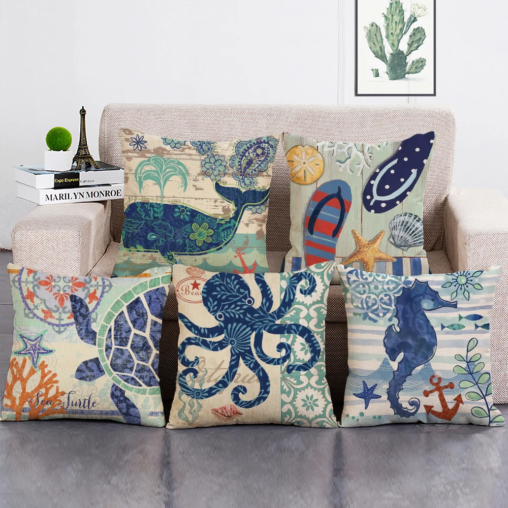 

Blue Marine Style Octopus Sailor Print Cushion Cover for Sofa Decorative Sea Turtle Throw Pillow Case