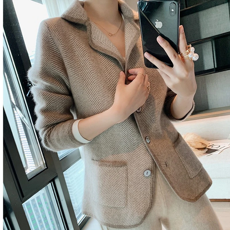 100% cashmere wool sweater cardigan new autumn and winter ladies suit collar sweater coat casual loose knitted coat long sleeves