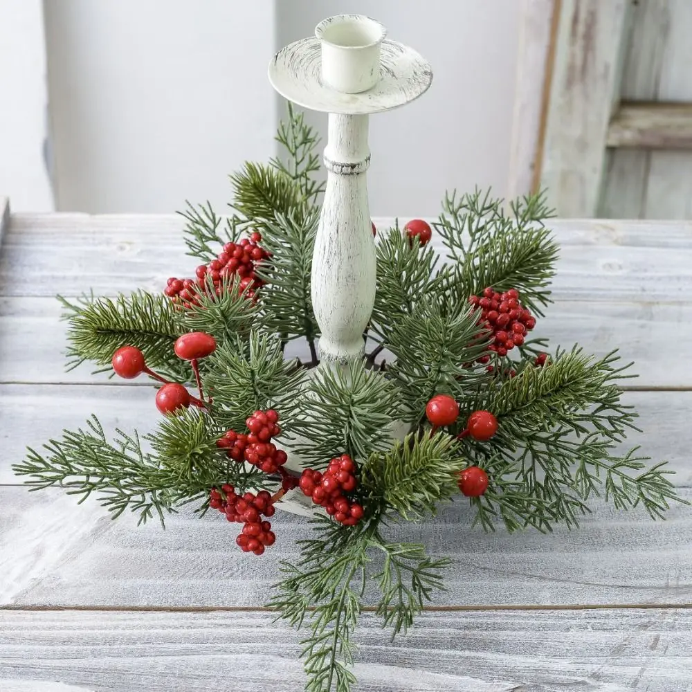 

Artificial Flower Candle Wreath Romantic Red Fruit Candle Rings Pine Needle Party Supplies Candlestick Wreath Christmas Decor