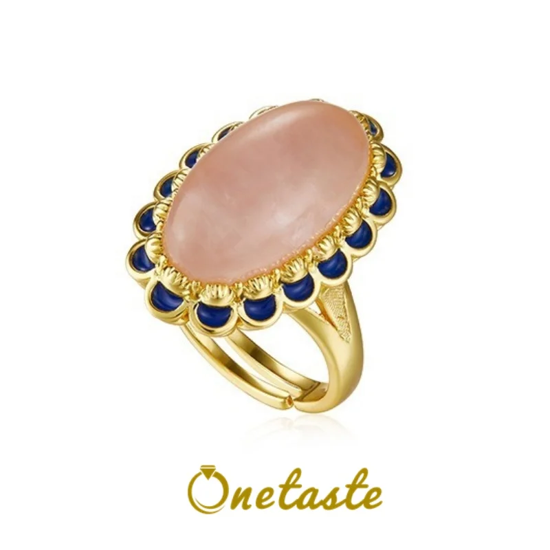 

Natural Rose Quartz 925 Silver Gold Plated Flower Big Rings For Women Zircon Enamel Exaggerated Surface Ring 2023 New Gift Party