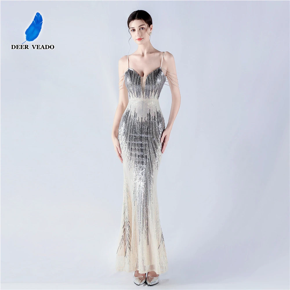 

DEERVEADO Mermaid Strap V Neck Sequined Evening Dress for Woman Elegant Wedding Party Dresses Formal Dress for Special Occasions