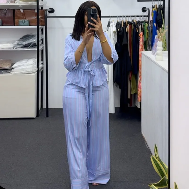 

Women's Summer 2026 Sweet V-neck Striped Shirt with Strap Wide Leg Pants Casual Two-piece Set