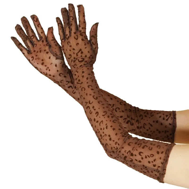 

55CM Sexy Leopard Print Transparent Long Lace Gloves Fashion Personality Mesh Thin Elastic Stage Performance Women Halloween