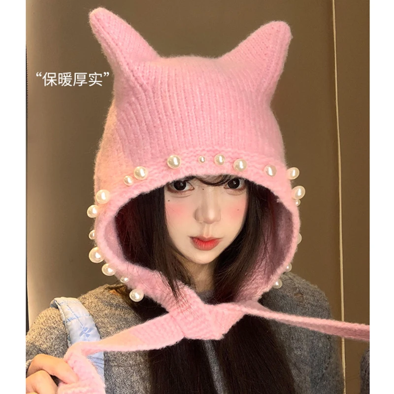 Cute Cat Ear Knit Earflap Hat with Faux Pearl Decor Soft Warm Wool Blend Winter Beanie for Women and Girls