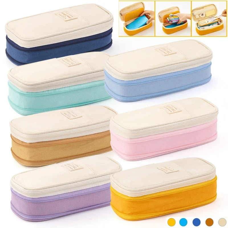 Multifunctional Cosmetic Bag Macaroon Big Capacity Double-layer Canvas Pencil Case Travel Storage Pouch School Supplies