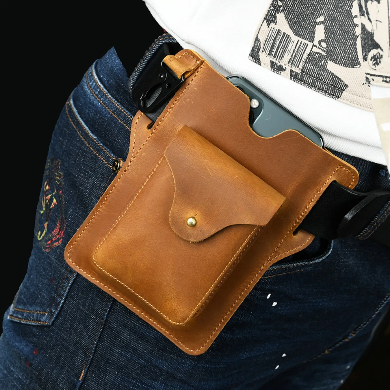 Genuine Leather Fanny Pack Belt Clip Cellphone Holster Holder Pouch for 6.7inch Phones, Vintage Phone Waist Bag Belt Bag