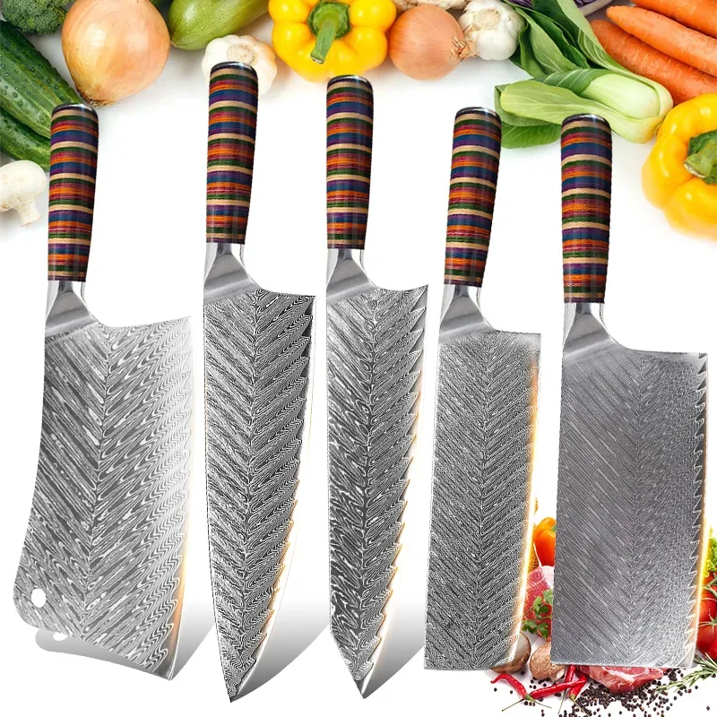 Damastmesser, praktisches Küchenmesser, Hackmesser, Fleisch, Obst, Gemüse, Grill, Ausbeinmesser, Koch, Kochen, Holzgriff, Küchenmesser