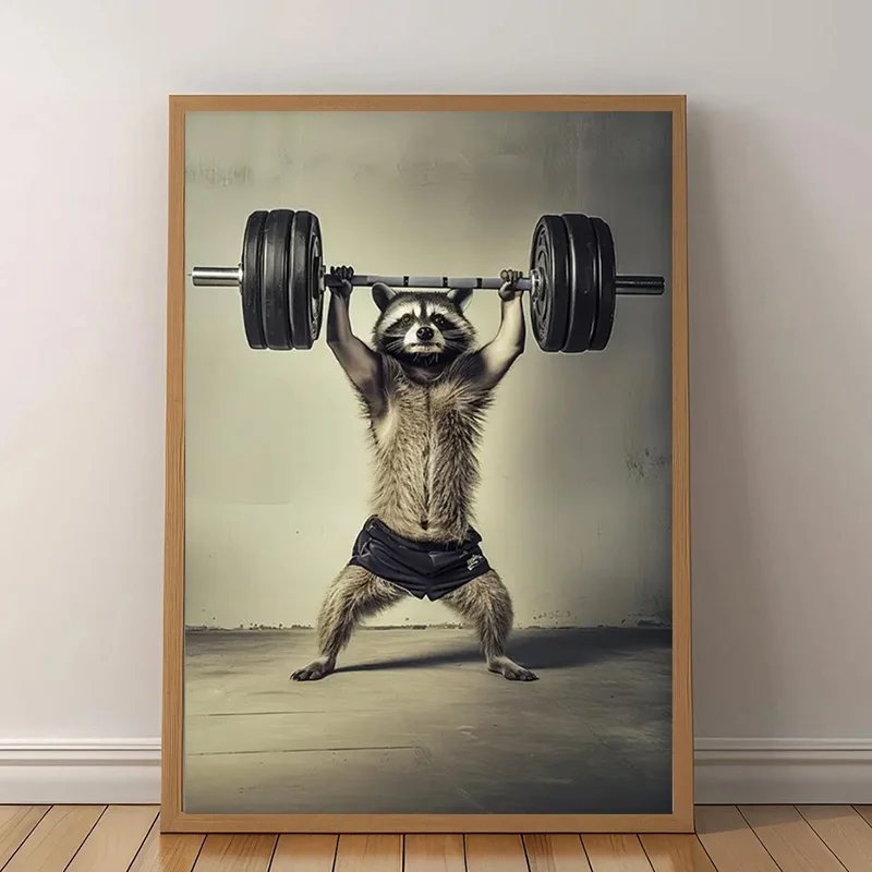 2D Flat, Funny Raccoon Lifting Weights Poster/Canvas Print - Gym Wall Decor Weightlifting Art - 12x16 inches (30x40cm) Framel