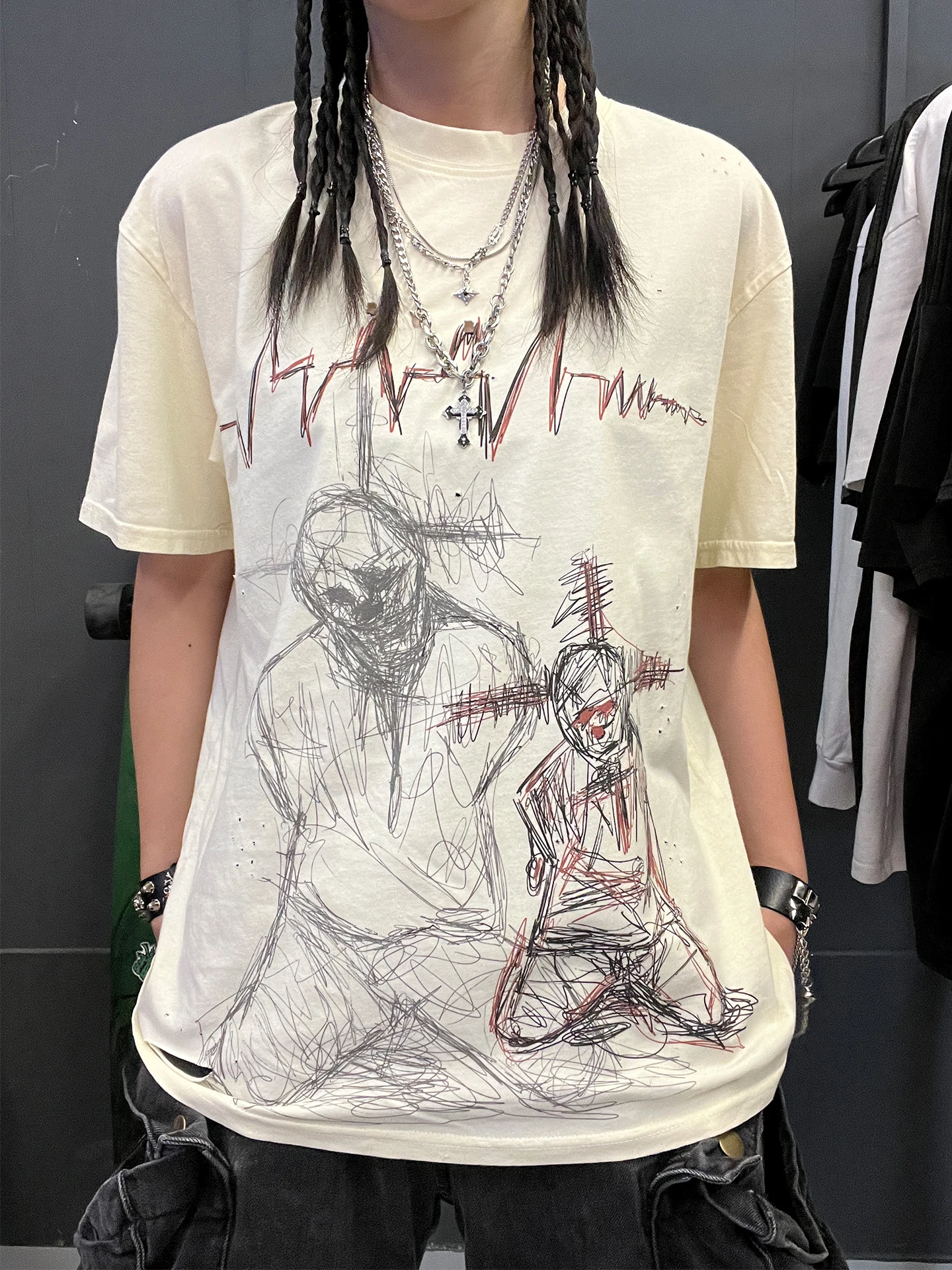 ダークラインスケッチ半袖tシャツ-80g-ホールアート学生風ヴィンテージ感カジュアルスタイル半袖パッチボトムポートレート