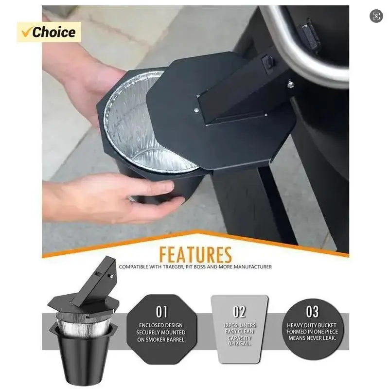 Cubo de grasa de calidad, cubo de goteo resistente de gran capacidad para parrillas de pellets, recogedor de grasa de silicona cerrado con 10 papel de aluminio