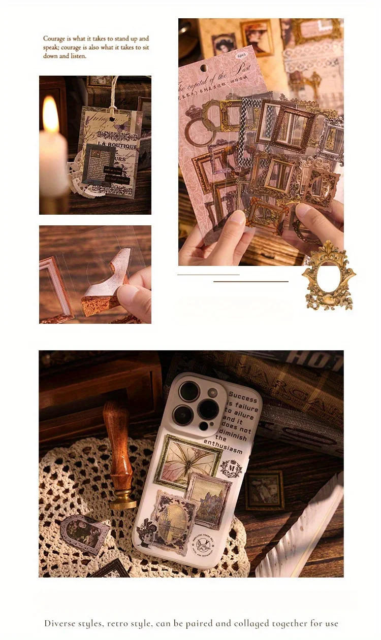 6 Sheets/pack Art World Waterproof PET Retro Frame Sticker DIY Creative Scrapbooking Junk Journal Diary Album Decoration Collage