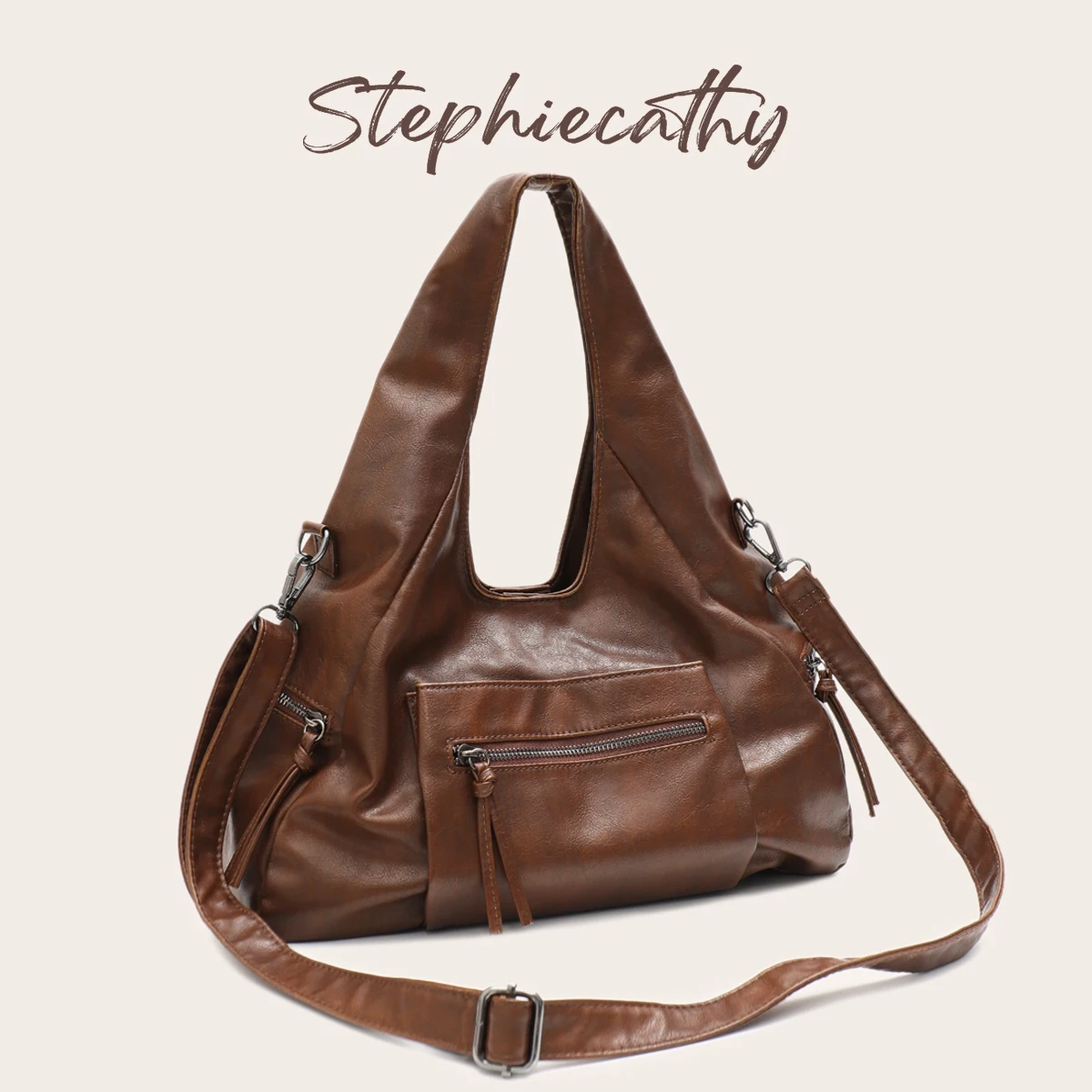 SC Women Slouchy Washed PU Leather Hobo Multi Functional Zip Pockets Cross body Handbag Large Shoulder Bag Purse Daily Travel