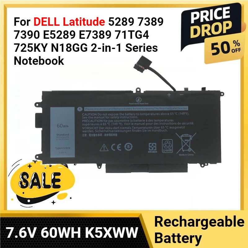 

Новый аккумулятор для ноутбука 7,6 В 60 Вт H K5XWW для ноутбука DELL Latitude 5289 7389 7390 E5289 E7389 71TG4 725KY N18GG серии 2-в-1