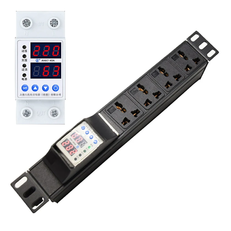 

Cabinet Rack PDU Power Strip with Adjustable Overvoltage and undervoltage protector 4 Ways Universal Outlets 2meter Cord