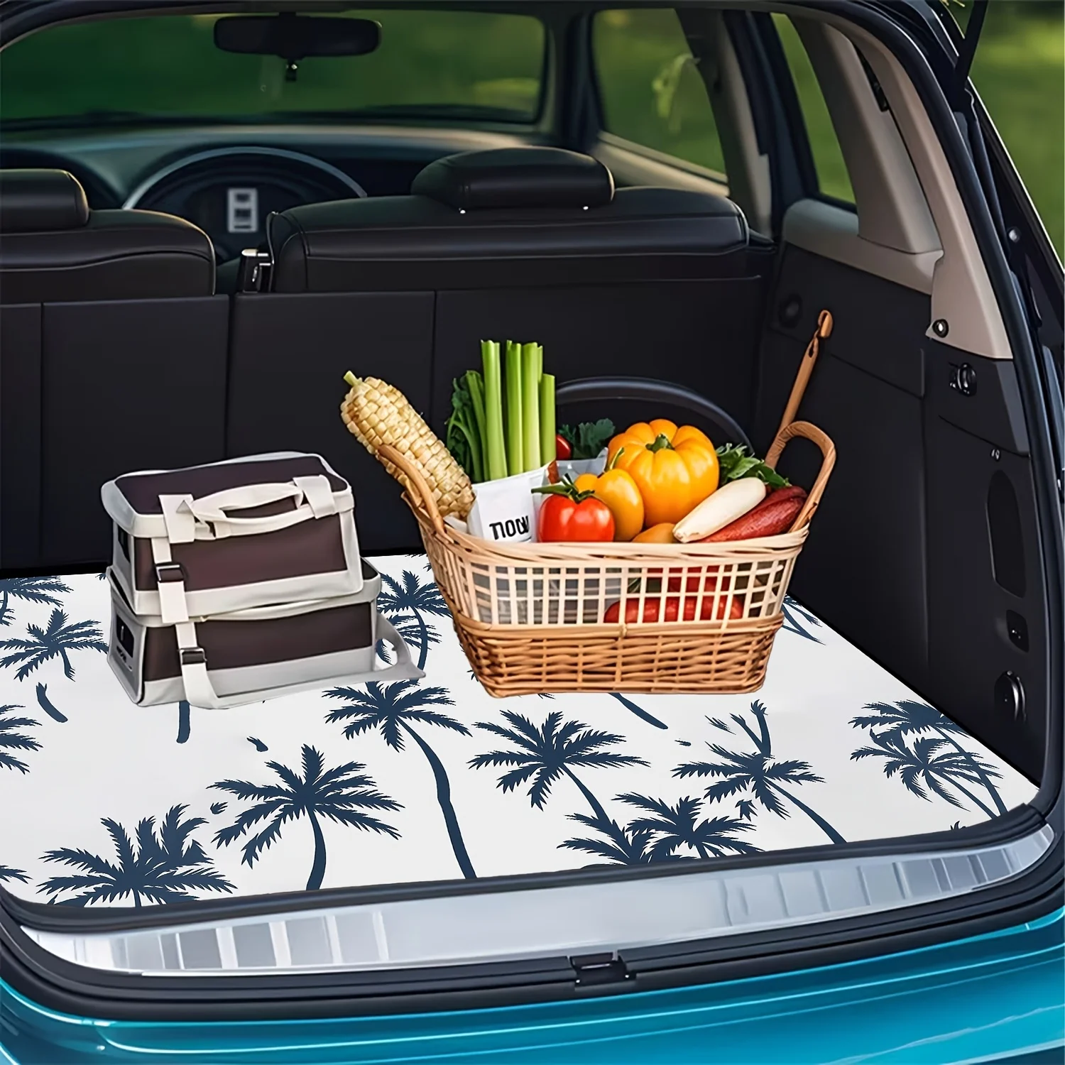 1pc Tropical Palm Tree Print Car Trunk Mat, An Essential Travel Item, Universal Fit For Various Car Models, Interior Car Decorat