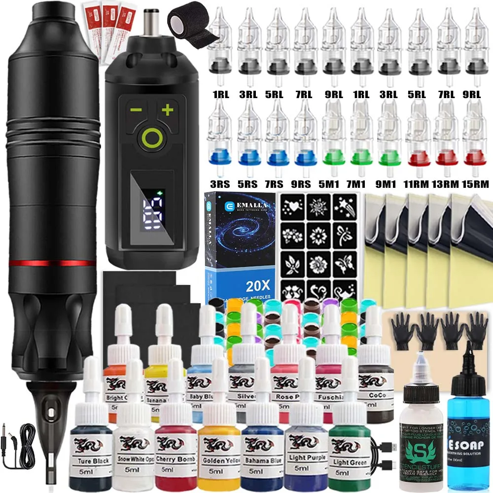 Professional Tattoo Kit Wireless Tattoo Machine Set Complete Tattoo Power Supply Set Tattoo Sticker Needle Inks Body Makeup Tool