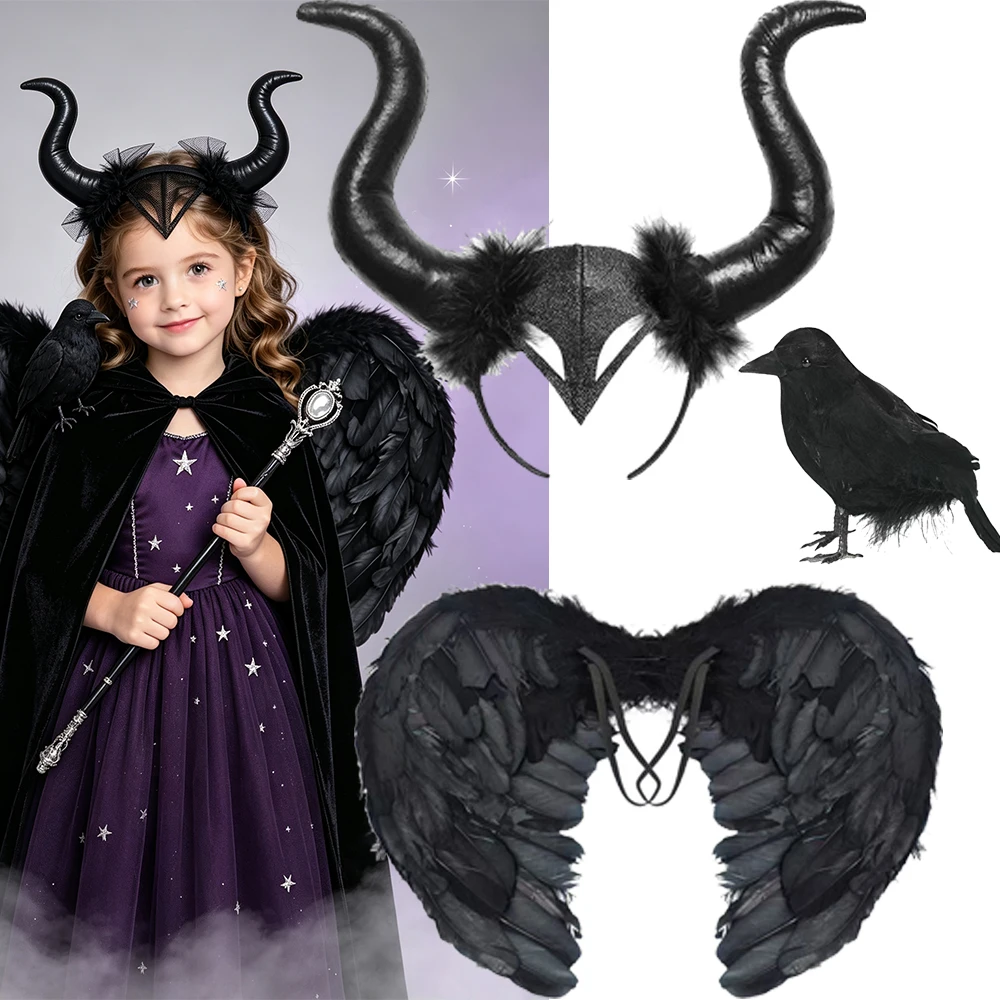 2026 Schwarzes Hexen-Zubehör-Set für Kinder: Flügel, magisches Horn, Kopfschmuck für Halloween-Kostüme, Cosplay, Bühnenauftritte und Geschenke