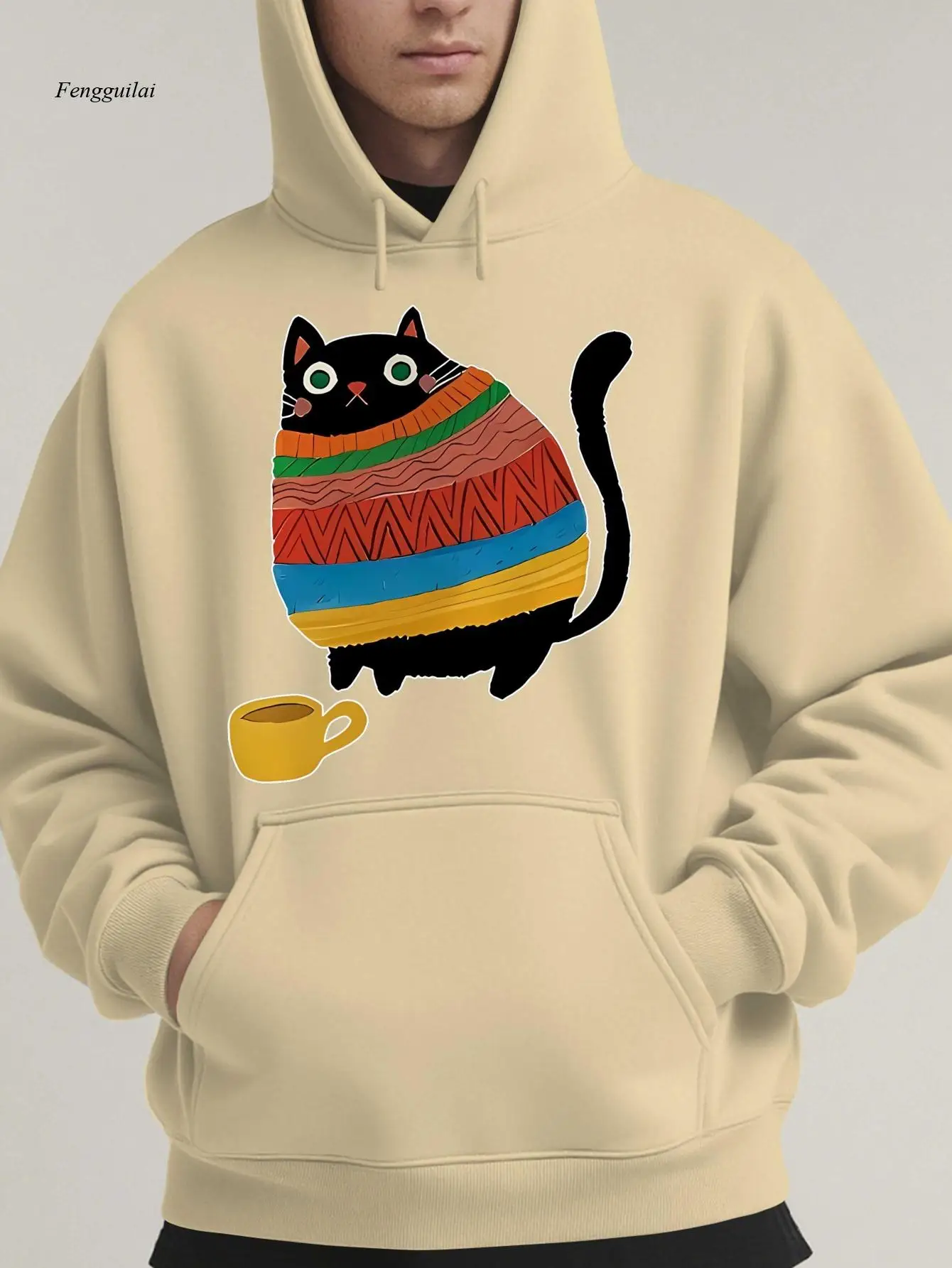 

Black Cat And Cup Новая модная мужская одежда в американском модном уличном стиле с принтом на осень и зиму