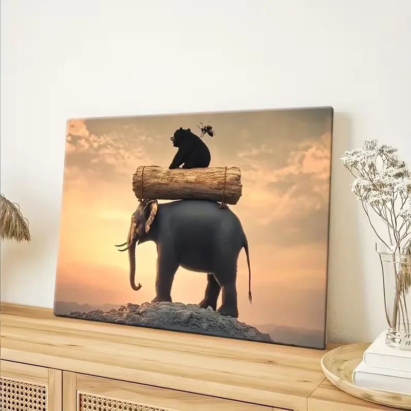 Multiple sizes 1pc frameless Canvas Painting,Elephant Is Carrying Log Black Bear and Small Bird Poster and Prints Canvas Paintin