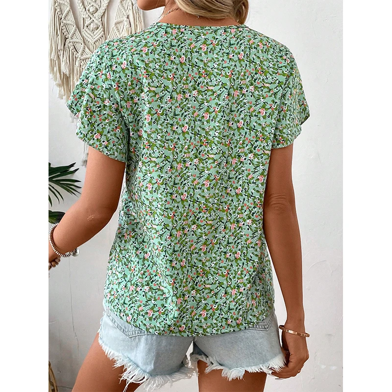 Summer ladies no rules small flower print design chiffon round neck shirt summer relaxed relaxed breathable slim short-sleeved