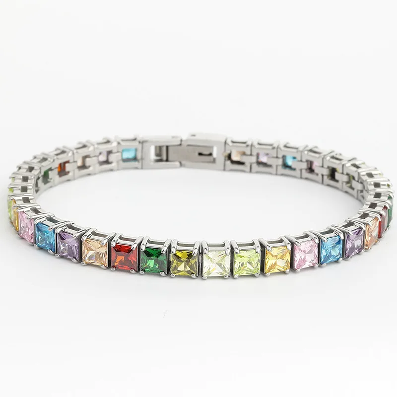 316 Square Zirconia Multicolor Tennis Bracelet 4Mm Hip Hop Jewelry Never Fade Nonallergenic