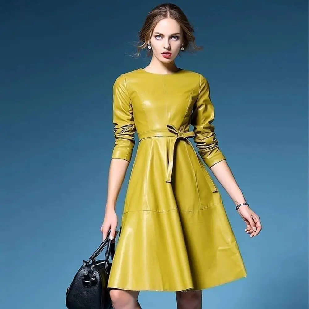 Leather Dress Women 100% Handmade Green Genuine Lambskin Leather Dress Bodycon Dress