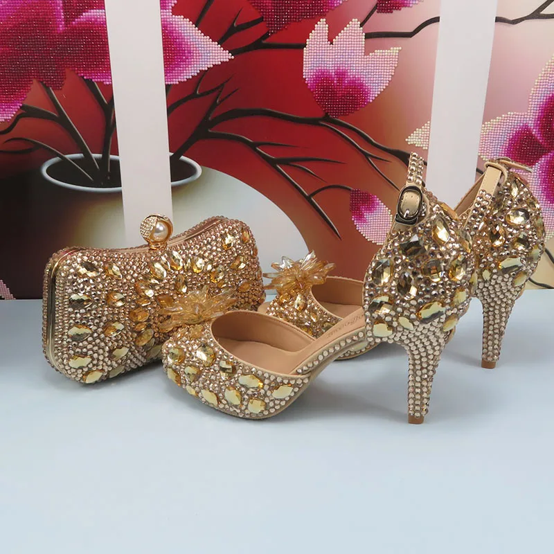 Summer Champagne Gold Wedding shoes and purse for Women Bridal Fashion High Pumps Open Toe Party Dress Shoe and bag Ankle Strap