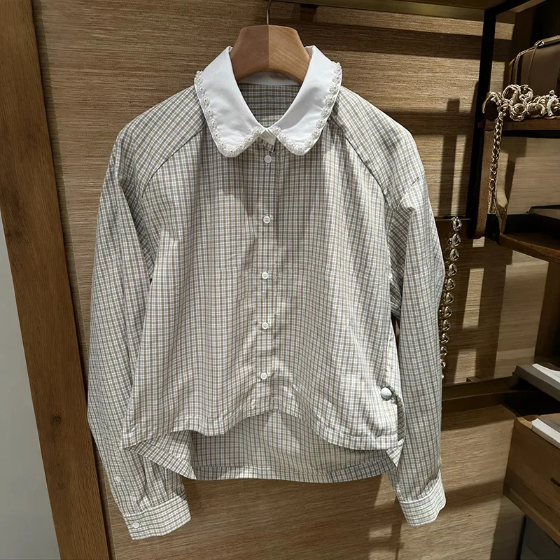 

2025 Autumn Winter French Niche Plaid Color Block Pearl Trim Peter Pan Collar Shirt High-Low Hem