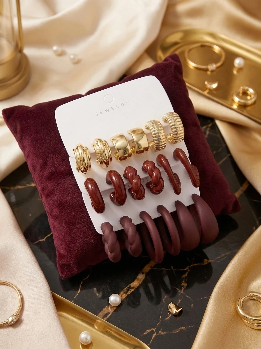 Vintage Meadla Chunky Hoop Earrings Multipack, Gold & Wine Red Dusty Brown Resin Twisted Ribbed C-Shape Open Hoop Statement Ear