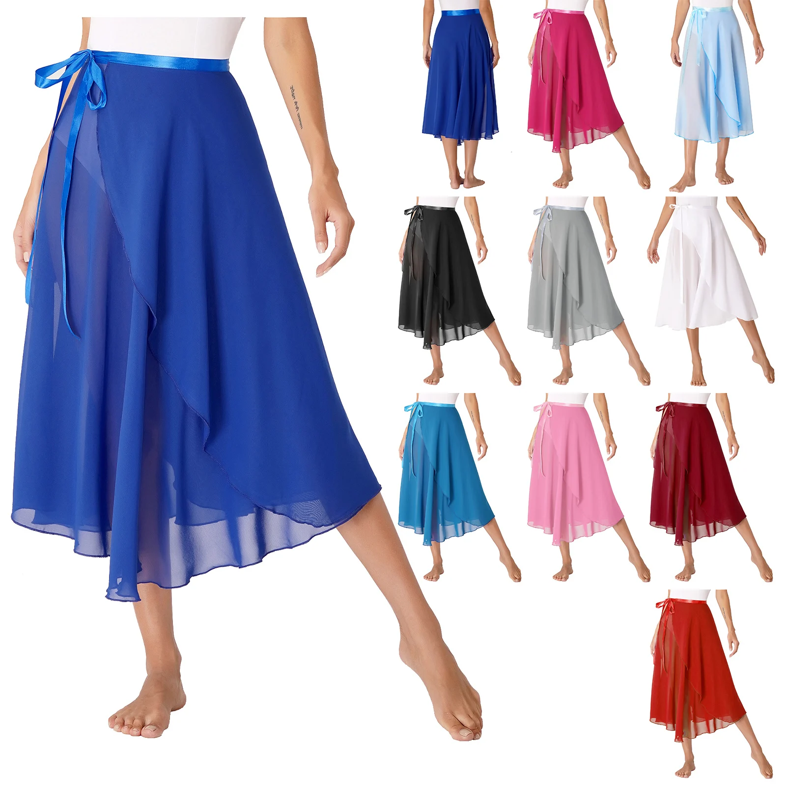 Ballet Dance Skirt Womens Lace-Up Flowy Skirt Ballroom Modern Dance Training Costume Solid Color High Waist Layers Midi Skirts