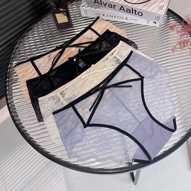 SP & CITY-ropa interior Sexy con lazo de encaje y bordado de flores para mujer, bragas caladas de malla de cintura baja, bragas transpirables con entrepierna de algodón suave