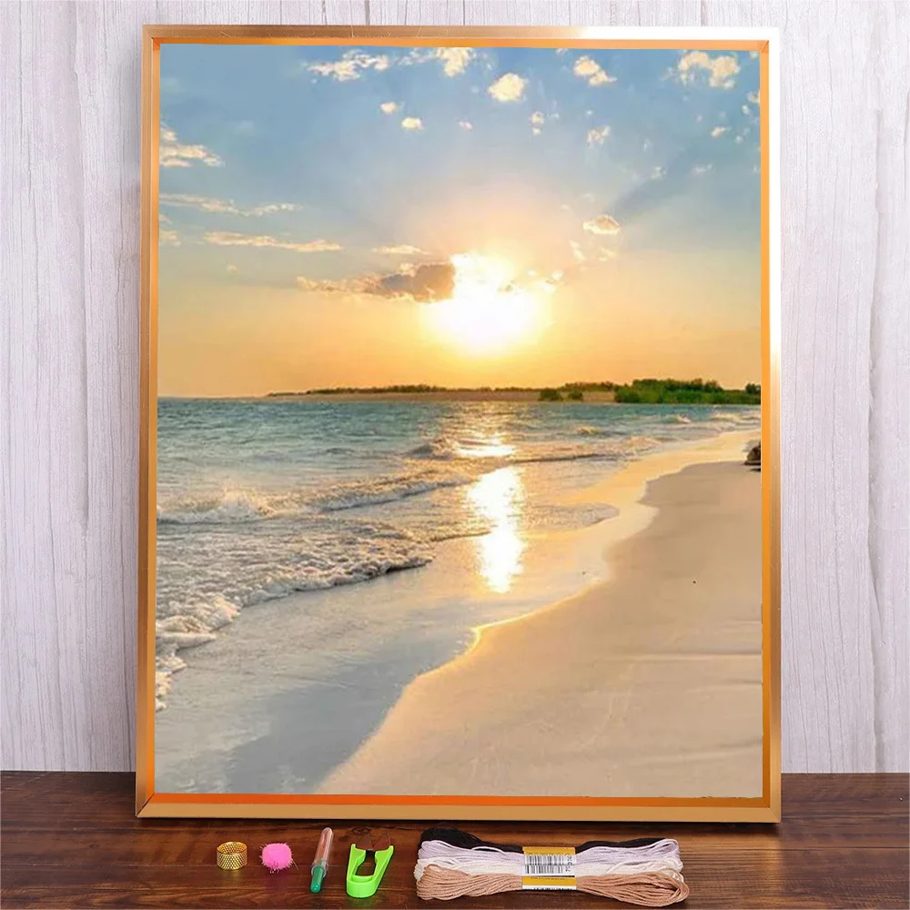 

Cross Stitch Sunset Seascape Pattern Embroidery Kits Painting DIY Needlework DMC Thread Set Printed On Canvas 11CT Cotton Thread