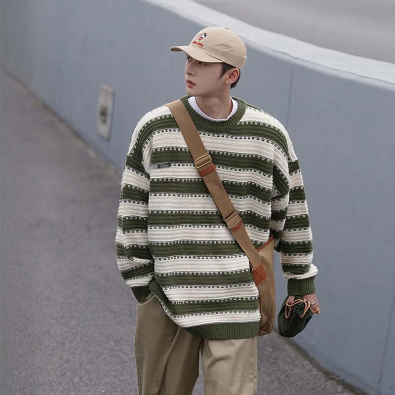 

Ретро-японский полосатый утепленный свитер с круглым вырезом для мужчин, осенне-зимний, свободный, повседневный, вязаный, для ношения под одеждой, базовый слой