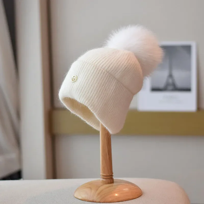 2024 Fox Fur Pompom Woman Winter Hats Outdoor Thick Warm Mink Angola Fur Beanie Knitted Wool Hats Fashion Cap Women Bonnet